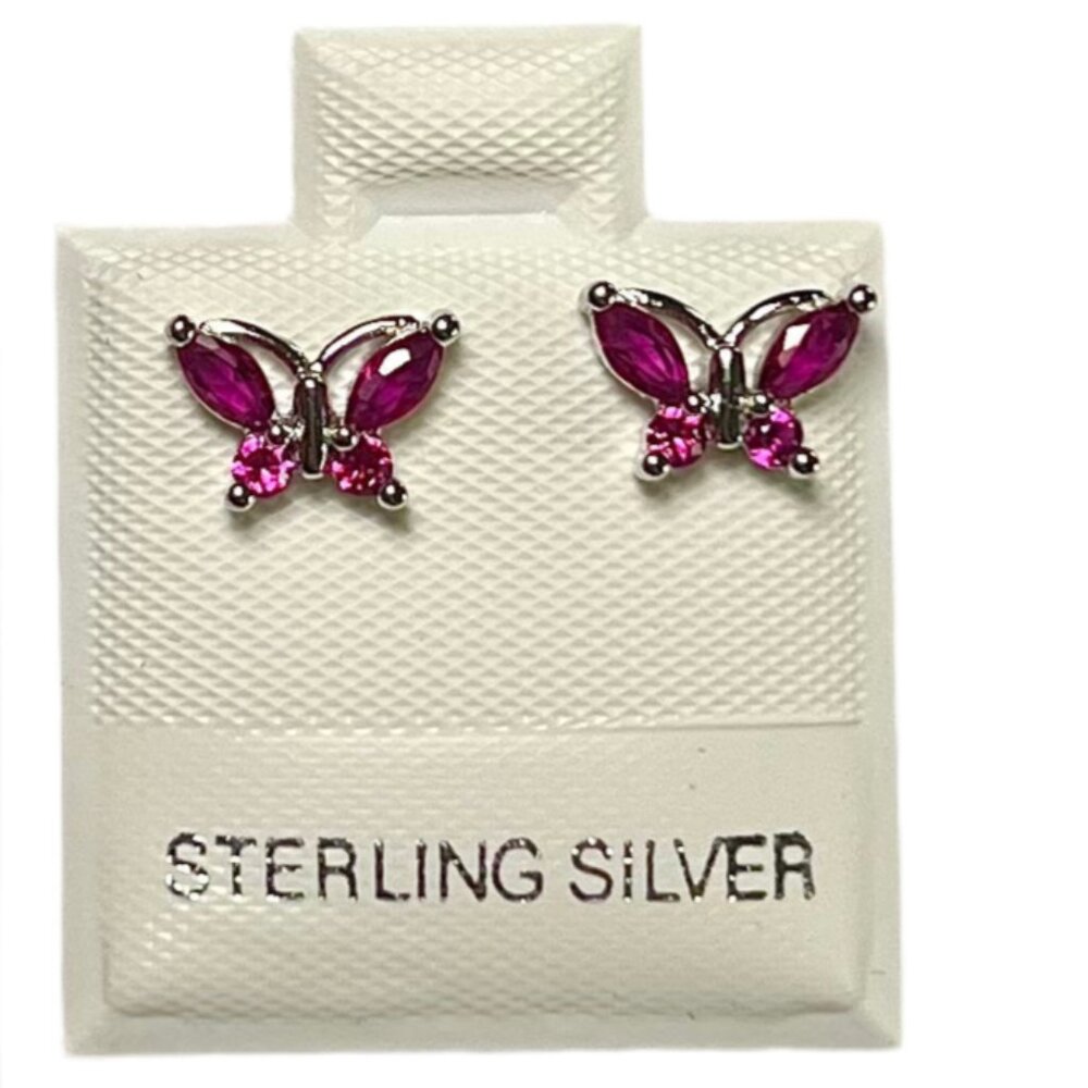 925 STERLING SILVER CUBIC ZIRCONIA PINK STONE BUTTERFLY SHAPE STUD EARRINGS